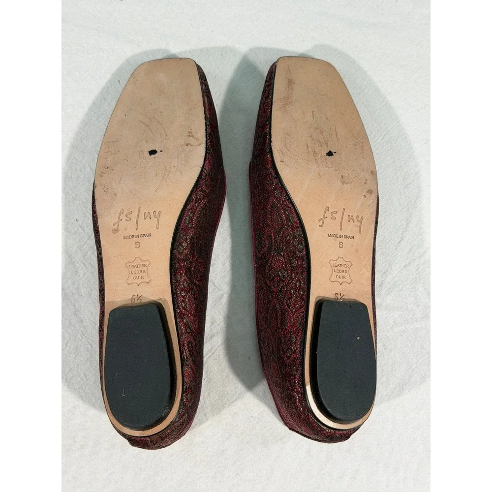 French‎ Sole FS/NY Square Toe Ballet Flats Burgundy Wine Gold Tapestry Jacquard